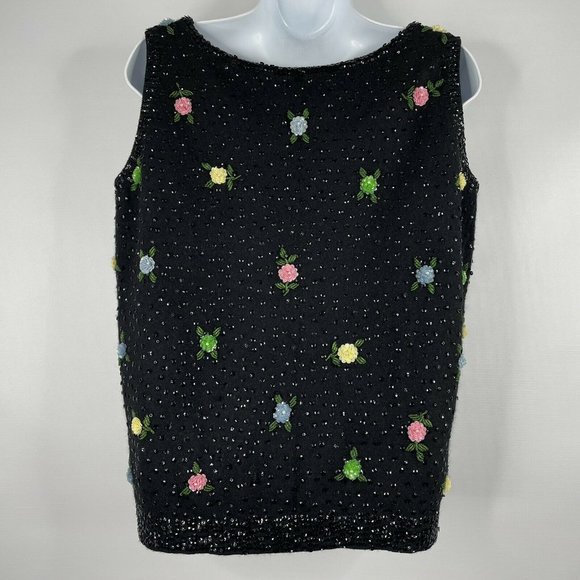 Vintage 50s Black Wool Angora Hand Beaded Sequined Rosettes Sleeveless S… - Picture 5 of 8